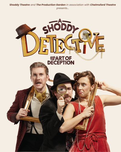 Two men and a woman, wearing 1920s style clothes, inside a gold picture frame. The central man is holding a magnifying glass to his eye while the people either end look shocked.